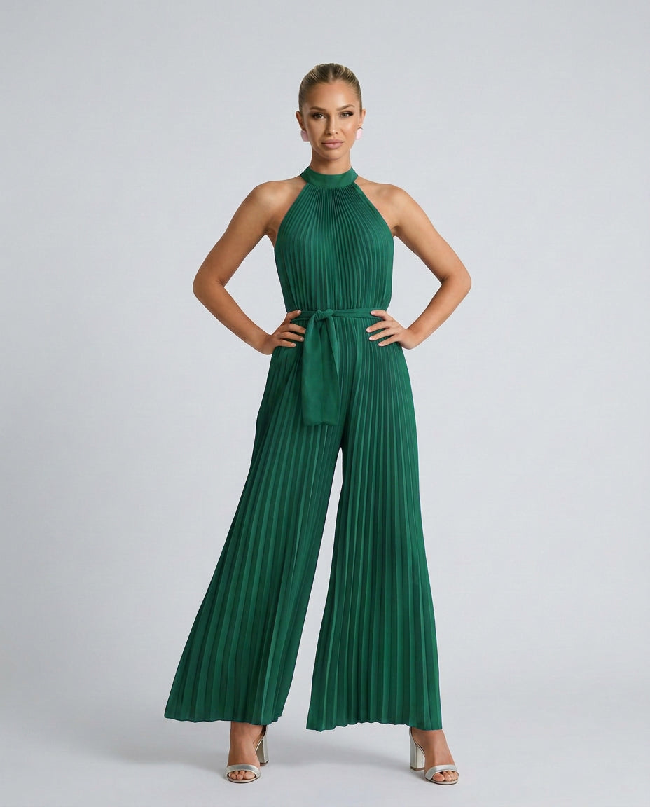 Talia | Women's Elegant Pleated Jumpsuit with Wide-Leg Trousers — Green