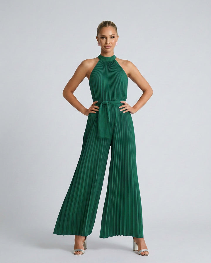 Talia | Women's Elegant Pleated Jumpsuit with Wide-Leg Trousers — Green