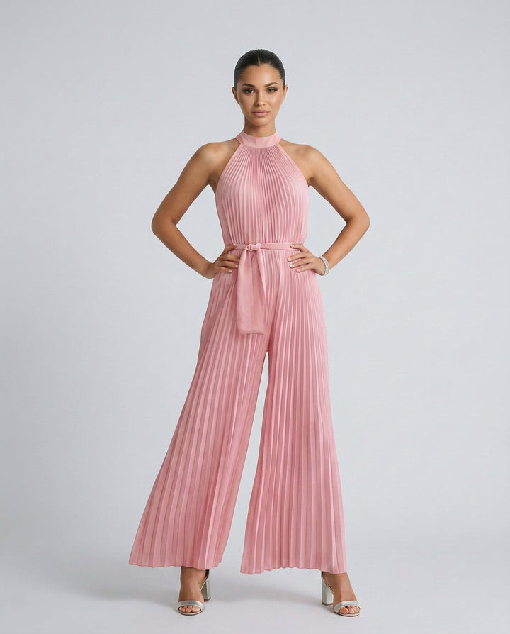 Talia | Women's Elegant Pleated Jumpsuit with Wide-Leg Trousers — Pink