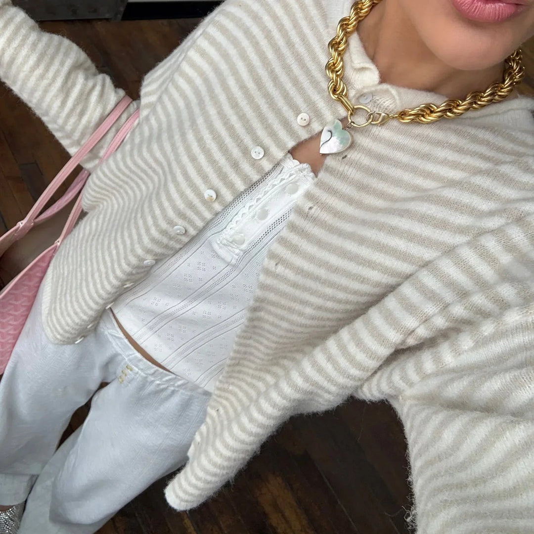 Tamara | Women's Knit Cozy Striped Button Front Cardigan Sweater — Beige