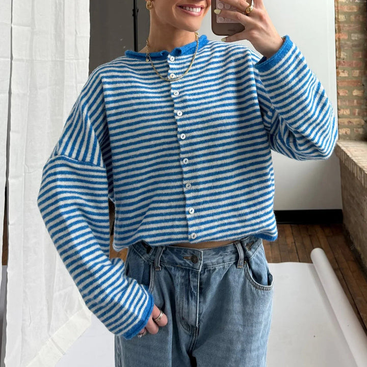 Tamara | Women's Knit Cozy Striped Button Front Cardigan Sweater — Blue