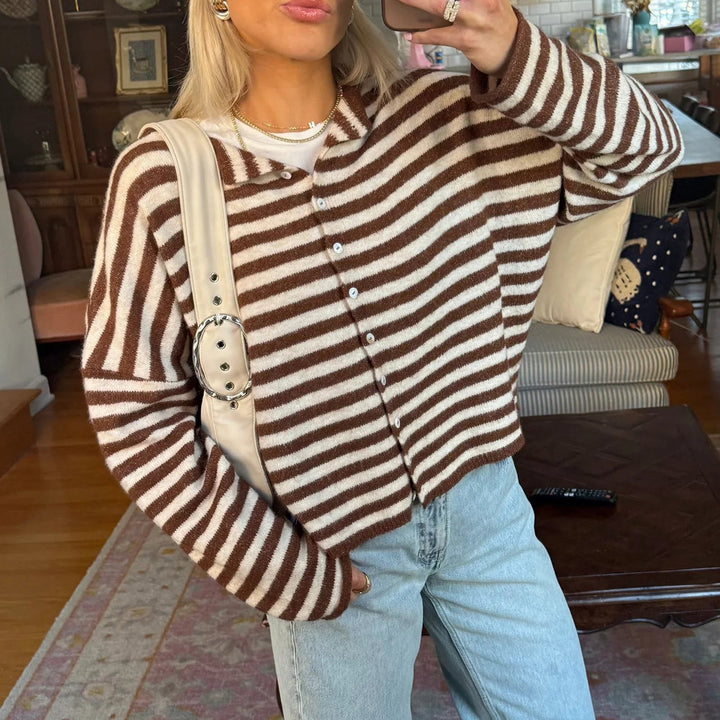 Tamara | Women's Knit Cozy Striped Button Front Cardigan Sweater — 1