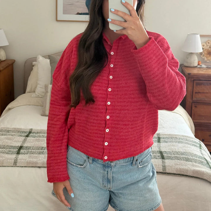 Tamara | Women's Knit Cozy Striped Button Front Cardigan Sweater — Dark Red