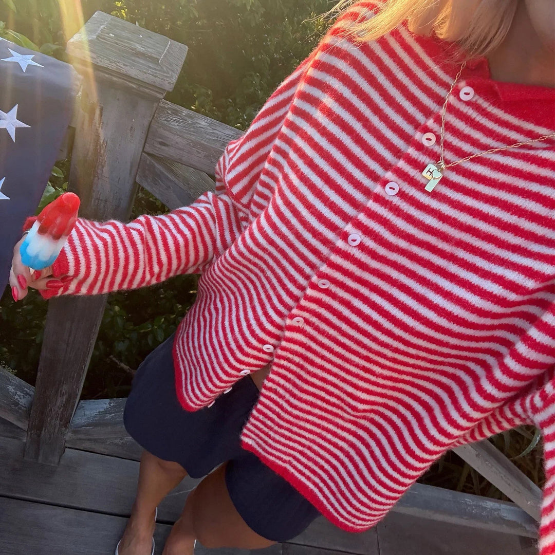 Tamara | Women's Knit Cozy Striped Button Front Cardigan Sweater — Red
