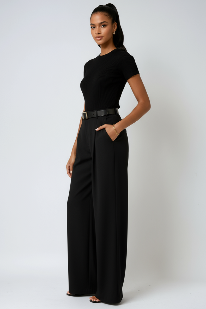 Tessaoura | Women's Tailored Linen Wide Leg Trousers — Black