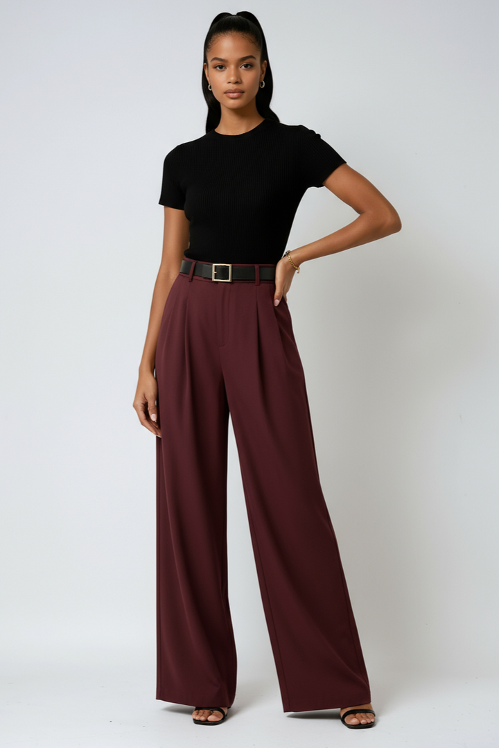 Tessaoura | Women's Tailored Linen Wide Leg Trousers — Burgundy