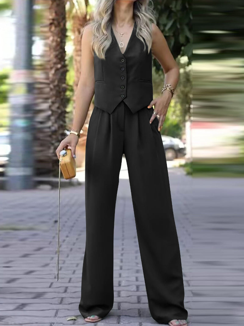 Theaara | Women's Two-Piece Matching Waistcoat Wide Leg Sets — Black