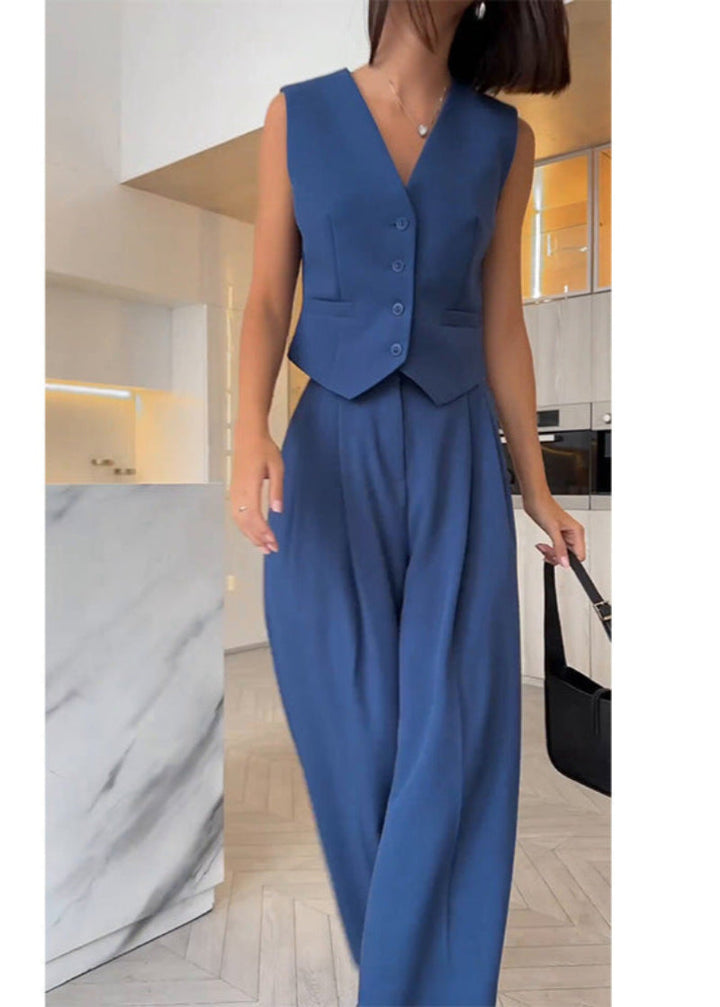 Theaara | Women's Two-Piece Matching Waistcoat Wide Leg Sets — Blue