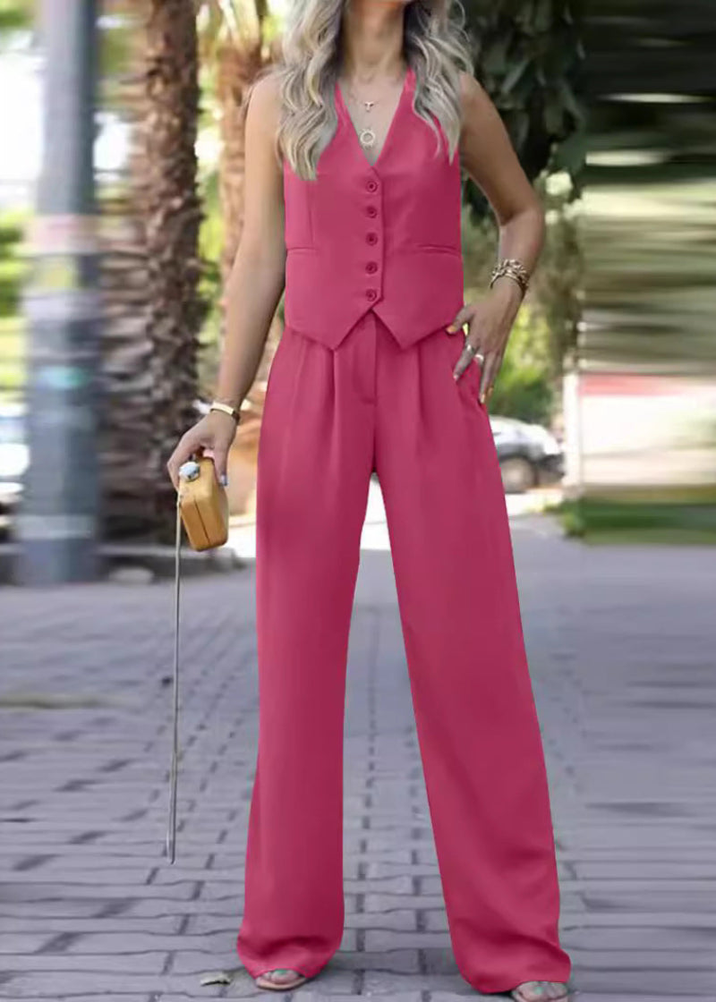 Theaara | Women's Two-Piece Matching Waistcoat Wide Leg Sets — Dark Pink