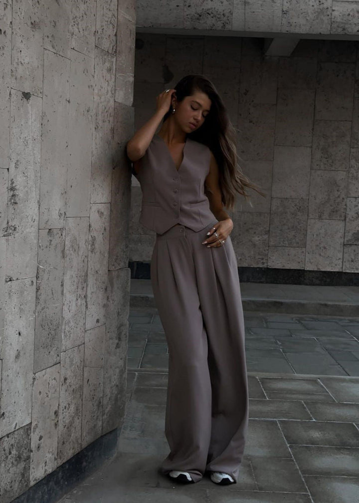 Theaara | Women's Two-Piece Matching Waistcoat Wide Leg Sets — Gray