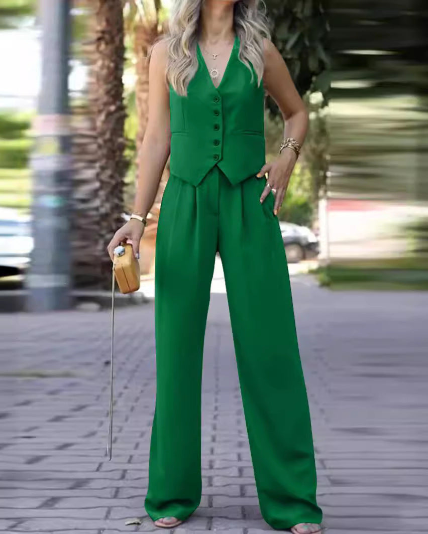 Theaara | Women's Two-Piece Matching Waistcoat Wide Leg Sets — Green
