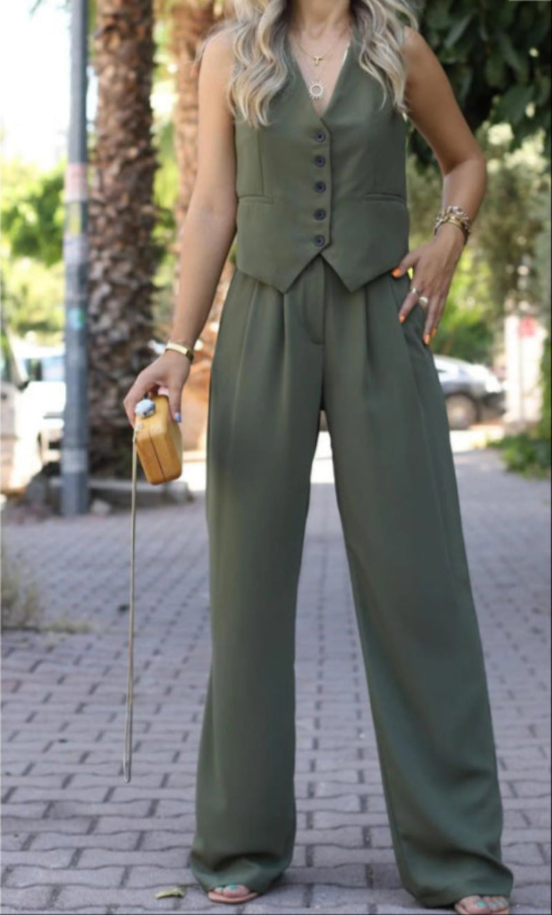 Theaara | Women's Two-Piece Matching Waistcoat Wide Leg Sets — Light Green