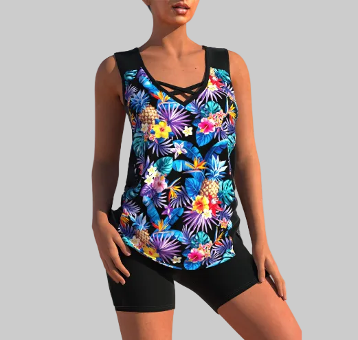 Theaaria | Women's Matching Printed Two-Piece Tankini Set — Black