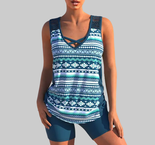 Theaaria | Women's Matching Printed Two-Piece Tankini Set — Blue