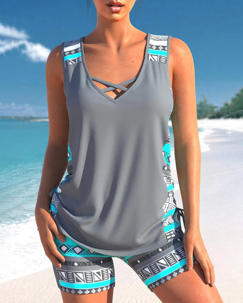 Theaaria | Women's Matching Printed Two-Piece Tankini Set — Gray