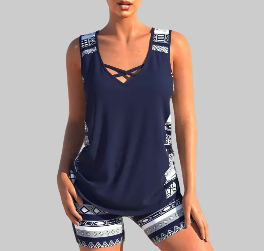 Theaaria | Women's Matching Printed Two-Piece Tankini Set — Navy