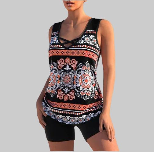 Theaaria | Women's Matching Printed Two-Piece Tankini Set — Pink