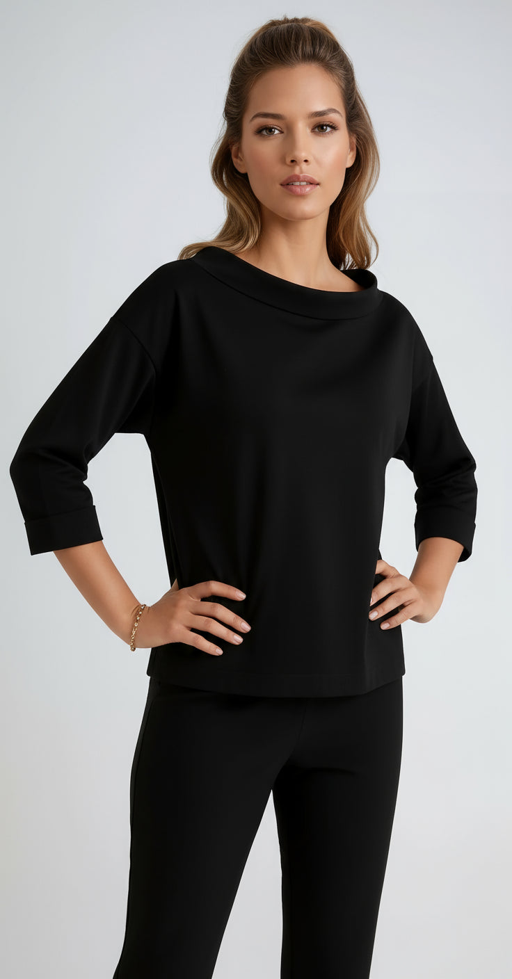 Theacine | Women's Casual Stretch Cotton Boat Neck Top — Black