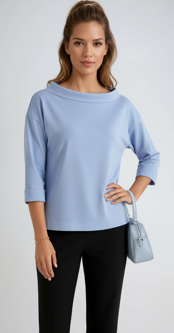 Theacine | Women's Casual Stretch Cotton Boat Neck Top — Blue