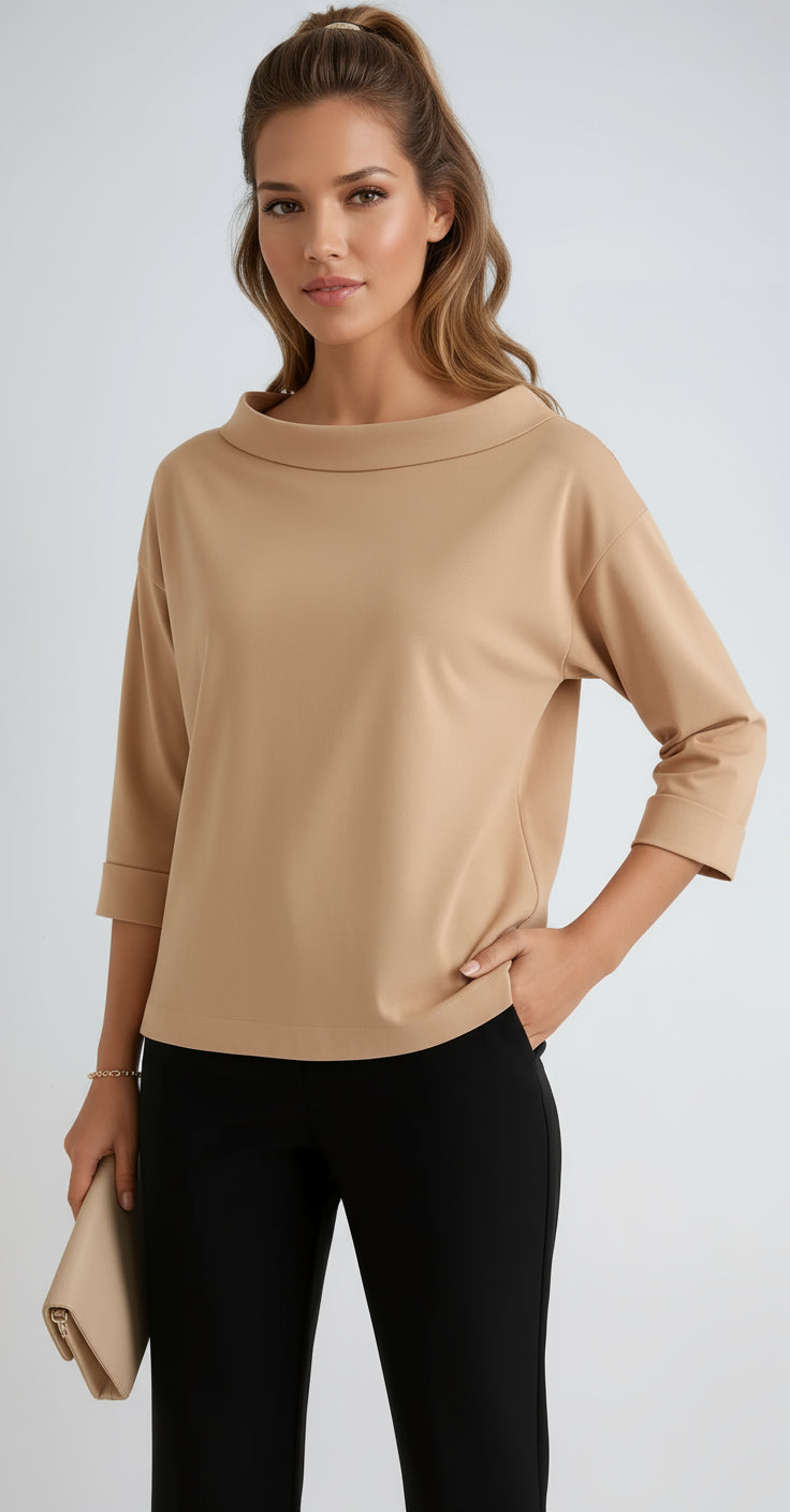 Theacine | Women's Casual Stretch Cotton Boat Neck Top — Camel