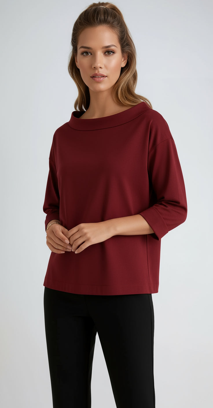 Theacine | Women's Casual Stretch Cotton Boat Neck Top — Claret