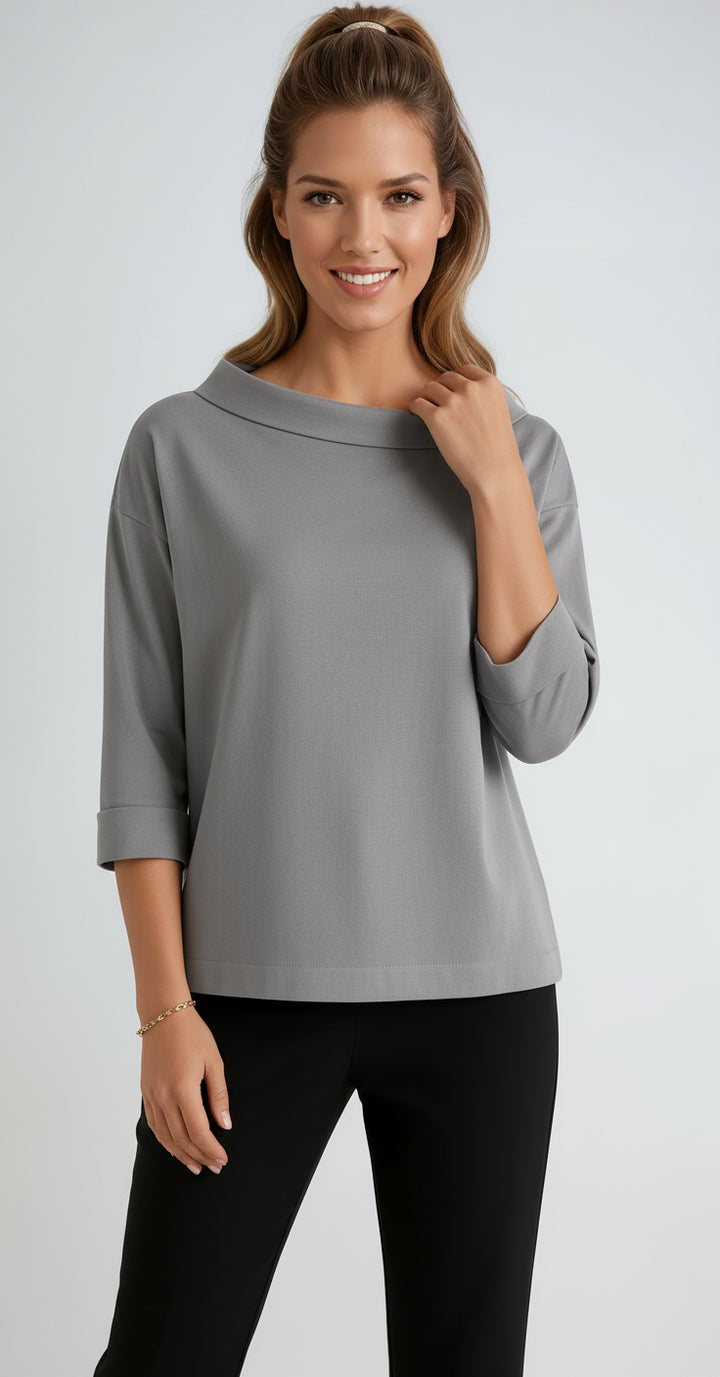 Theacine | Women's Casual Stretch Cotton Boat Neck Top — Grey