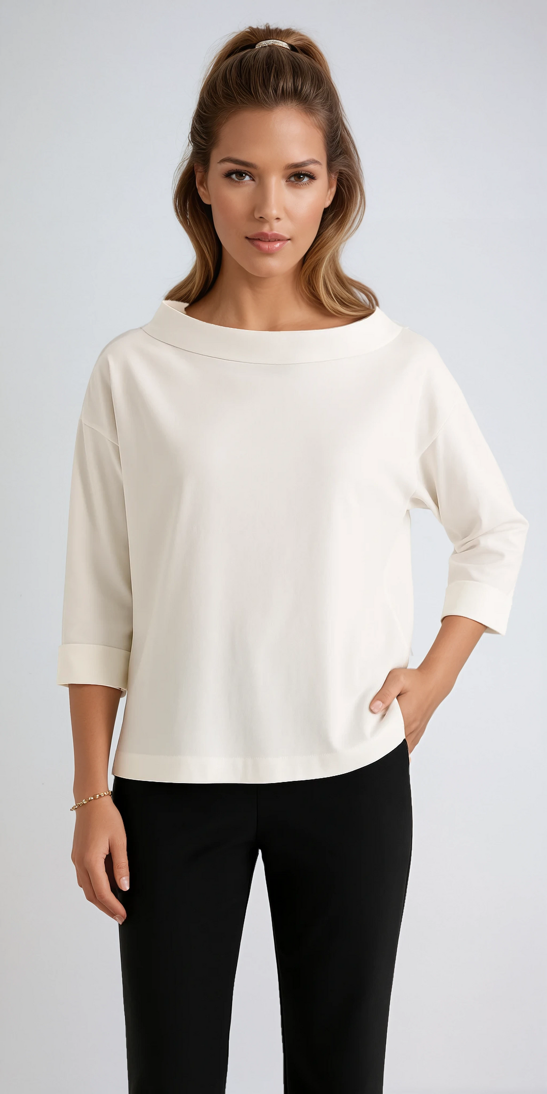 Theacine | Women's Casual Stretch Cotton Boat Neck Top — White