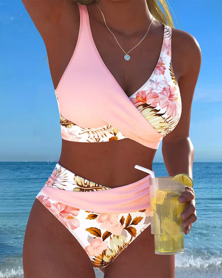 Theamira | Women's Casual Stretch Floral High Waisted Bikini Set — Pink