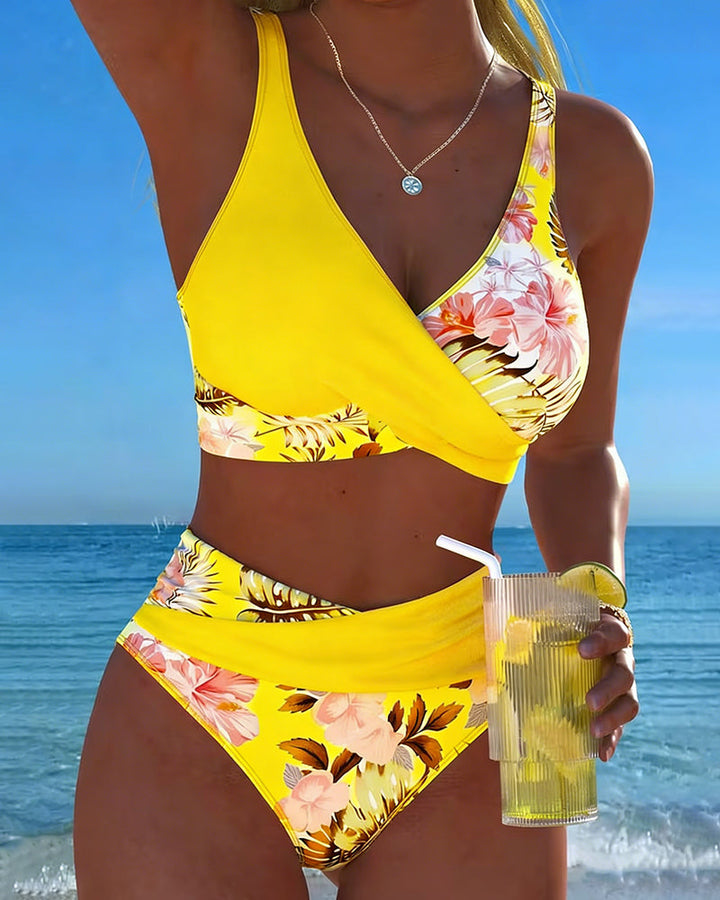 Theamira | Women's Casual Stretch Floral High Waisted Bikini Set — Yellow