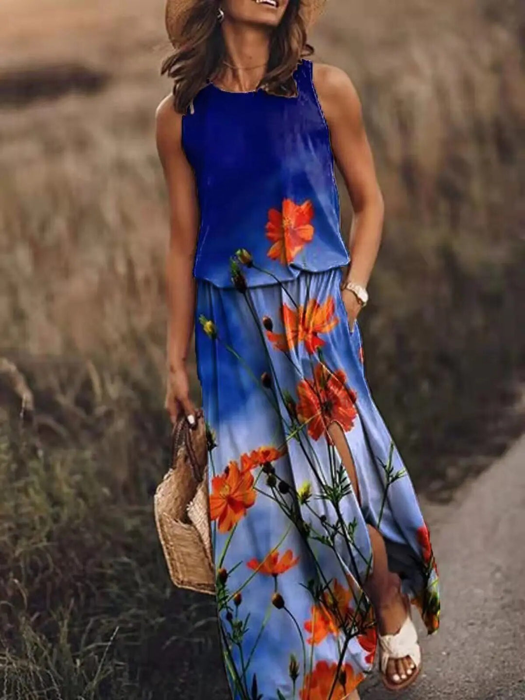 Tindradessa | Women's Elegant Sleeveless Airy Maxi Dress with Elastic Waist — Blue
