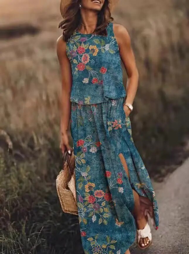 Tindradessa | Women's Elegant Sleeveless Airy Maxi Dress with Elastic Waist — Light Blue
