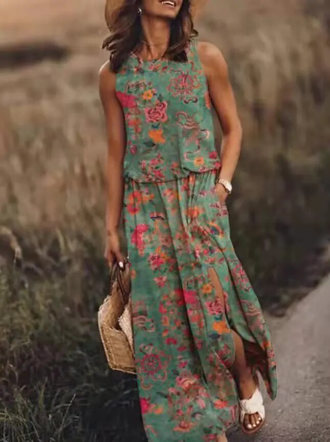 Tindradessa | Women's Elegant Sleeveless Airy Maxi Dress with Elastic Waist — Light Green