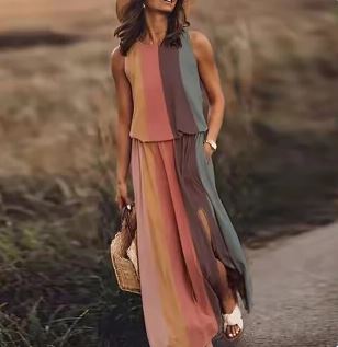 Tindradessa | Women's Elegant Sleeveless Airy Maxi Dress with Elastic Waist — Ombre