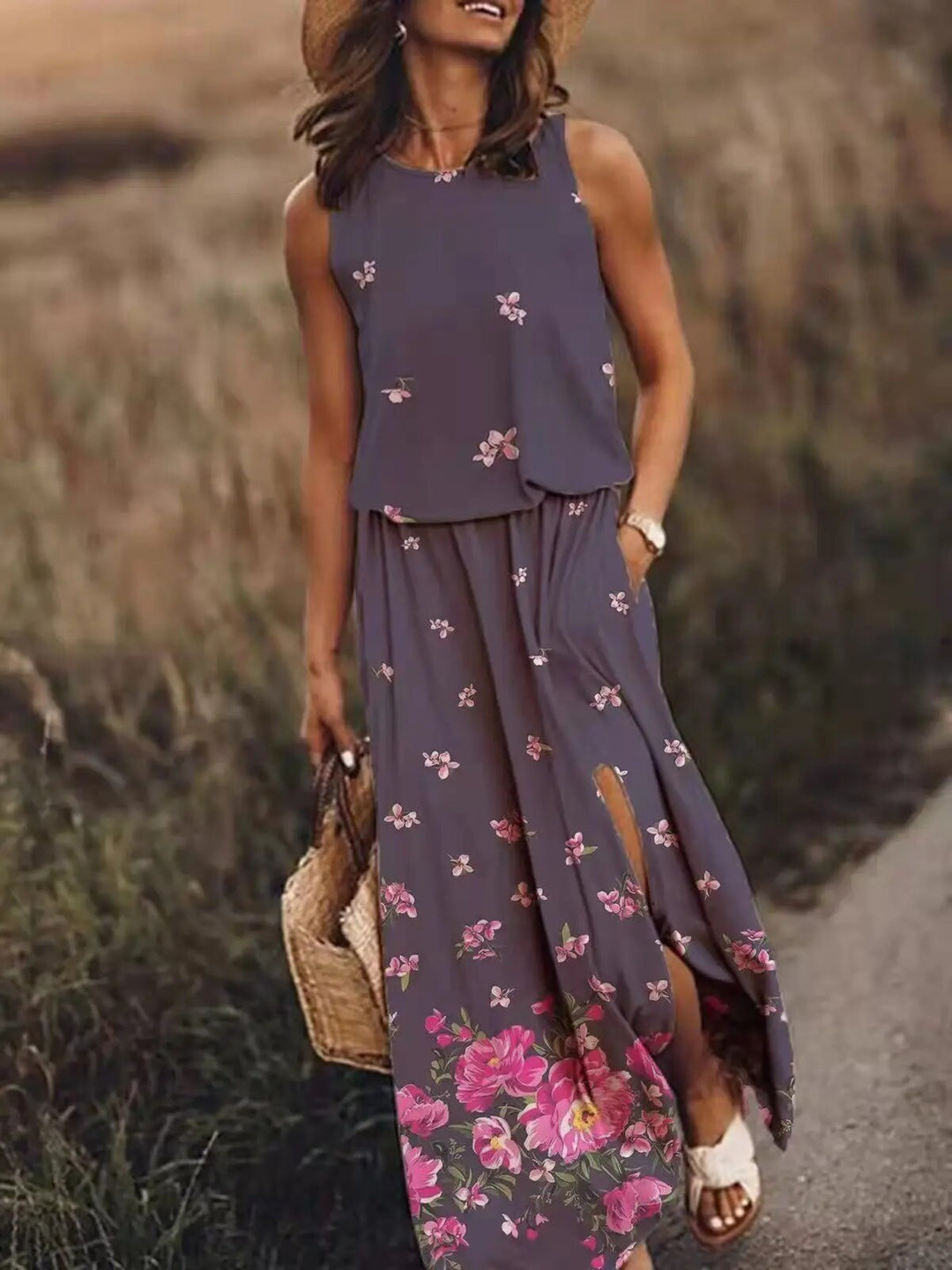 Tindradessa | Women's Elegant Sleeveless Airy Maxi Dress with Elastic Waist — Purple