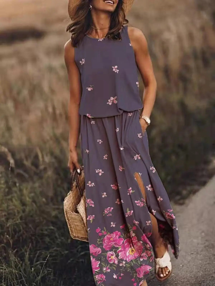 Tindradessa | Women's Elegant Sleeveless Airy Maxi Dress with Elastic Waist — Purple
