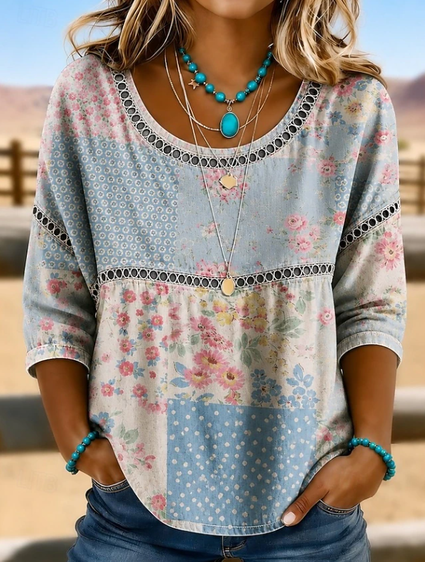 Tindraina | Women's Casual Stretch Boho Embroidered Everyday V-Neck Top — Blue