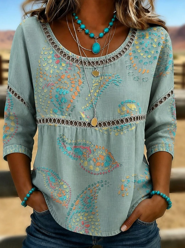 Tindraina | Women's Casual Stretch Boho Embroidered Everyday V-Neck Top — Green