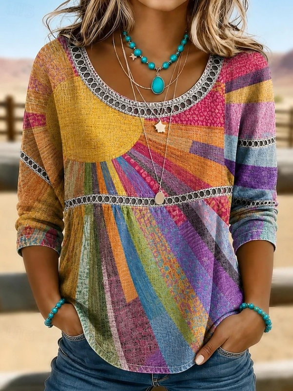 Tindraina | Women's Casual Stretch Boho Embroidered Everyday V-Neck Top — MultiColor