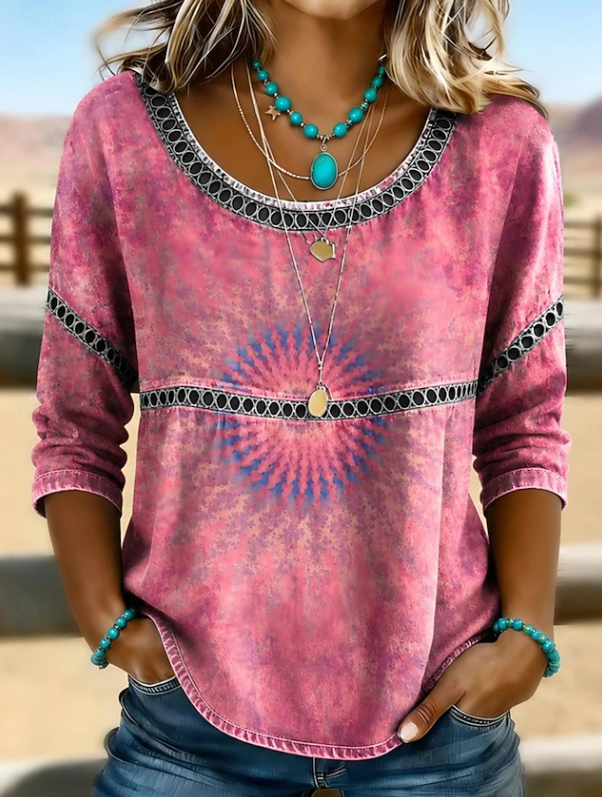 Tindraina | Women's Casual Stretch Boho Embroidered Everyday V-Neck Top — Pink
