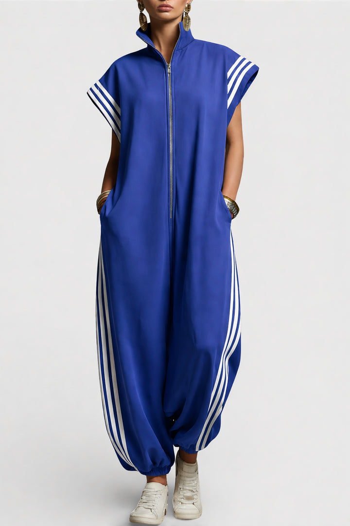 Tovawen | Women's Wide-Leg Elegant Sleeveless Zip Neck Jumpsuit — Blue