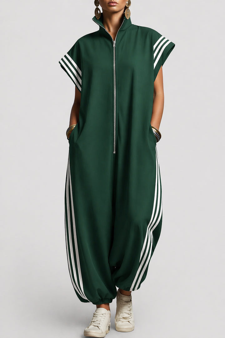Tovawen | Women's Wide-Leg Elegant Sleeveless Zip Neck Jumpsuit — Green
