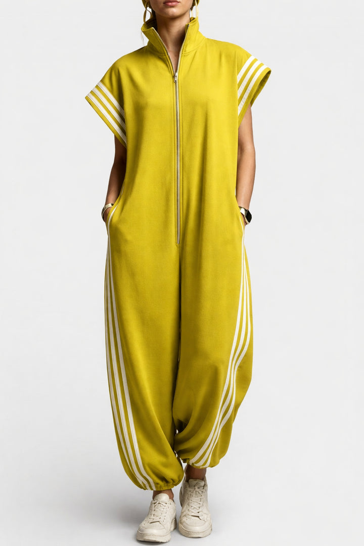 Tovawen | Women's Wide-Leg Elegant Sleeveless Zip Neck Jumpsuit — Yellow