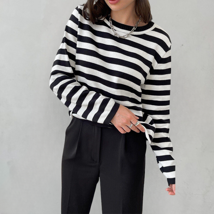 Ulrika | Women's Cozy Striped Knit Sweater Long Sleeve Crew Neck sweater — Black