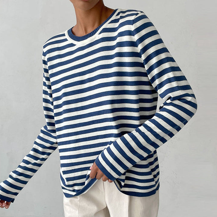Ulrika | Women's Cozy Striped Knit Sweater Long Sleeve Crew Neck sweater — Blue