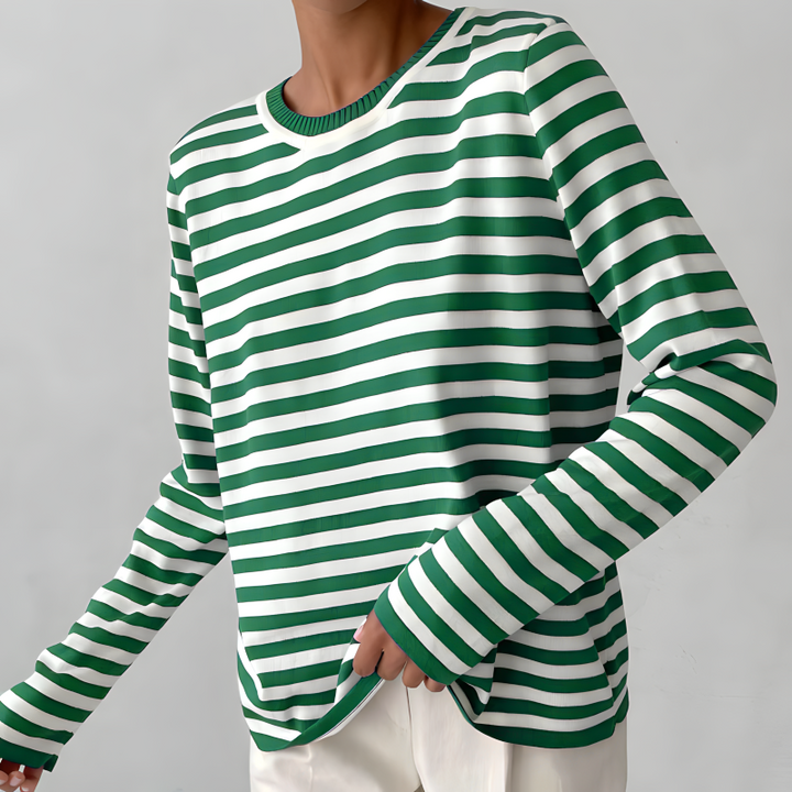 Ulrika | Women's Cozy Striped Knit Sweater Long Sleeve Crew Neck sweater — Green