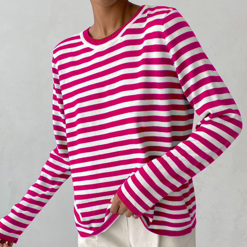 Ulrika | Women's Cozy Striped Knit Sweater Long Sleeve Crew Neck sweater — Pink