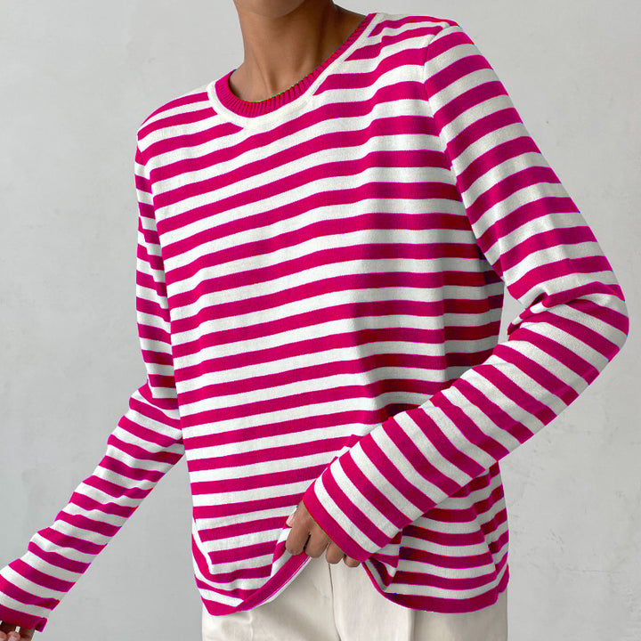 Ulrika | Women's Cozy Striped Knit Sweater Long Sleeve Crew Neck sweater — Pink
