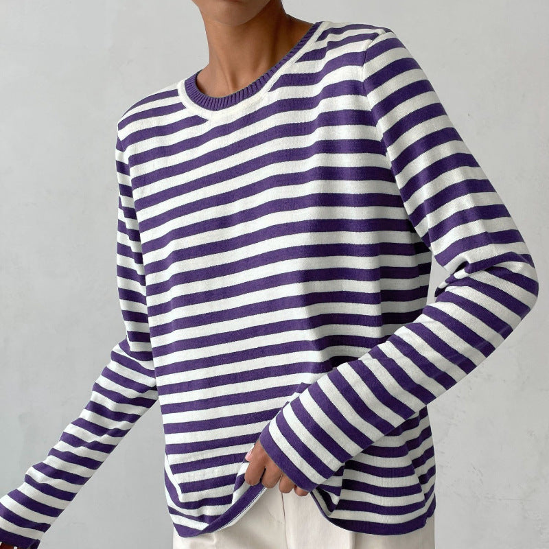 Ulrika | Women's Cozy Striped Knit Sweater Long Sleeve Crew Neck sweater — Purple