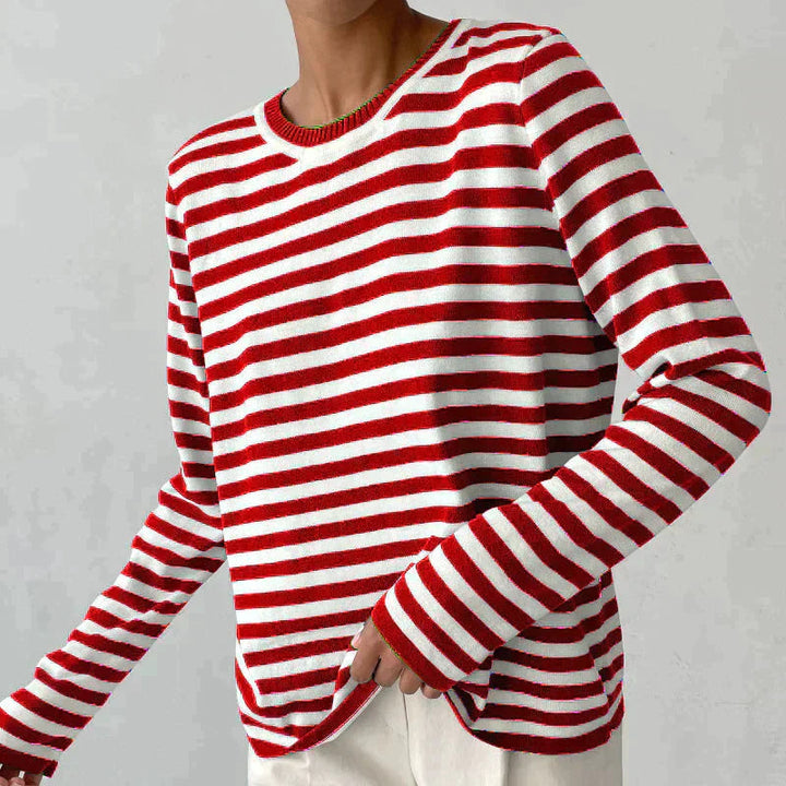 Ulrika | Women's Cozy Striped Knit Sweater Long Sleeve Crew Neck sweater — Red