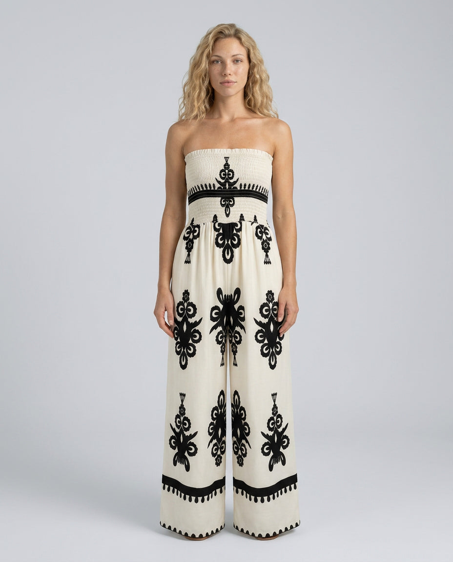 Una | Women's Elegant Strapless Jumpsuit with Wide-Leg Trousers — 1